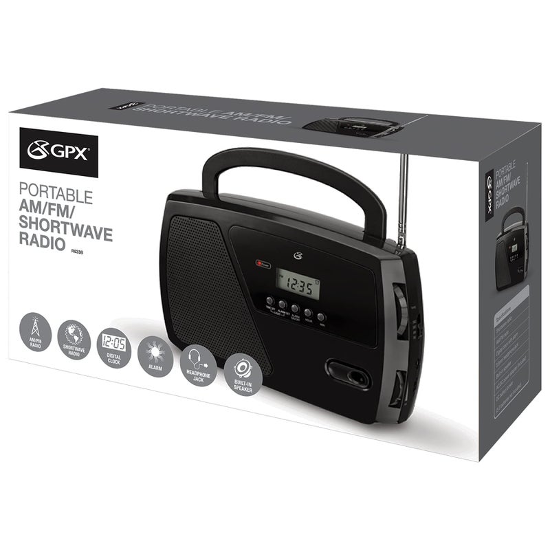 GPX R633B Portable Shortwave AM/FM Clock Radio (Black) - Image 2